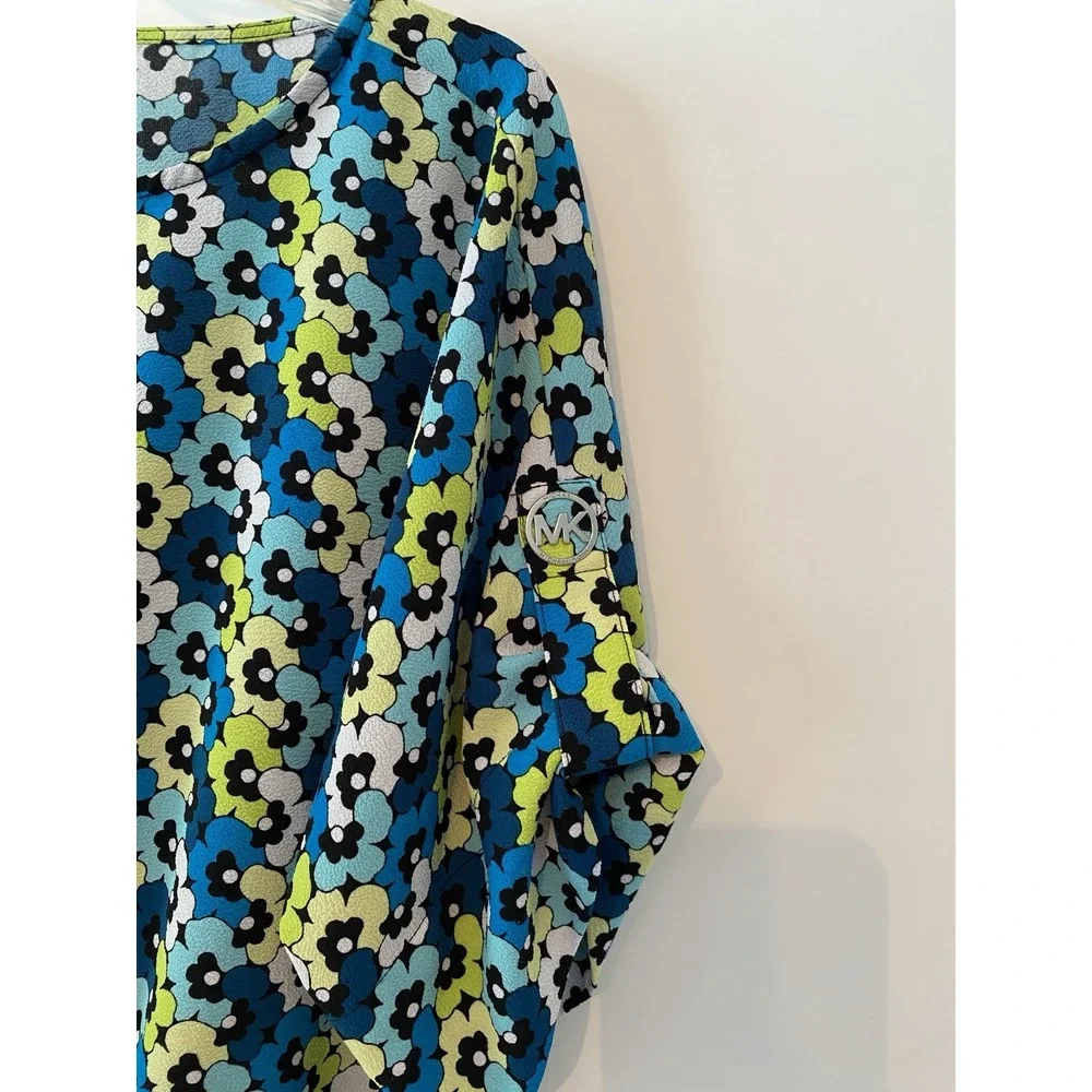 Michael Kors Short Sleeve Blouse Sz Large Smocked Hem Blue Teal Floral Designer